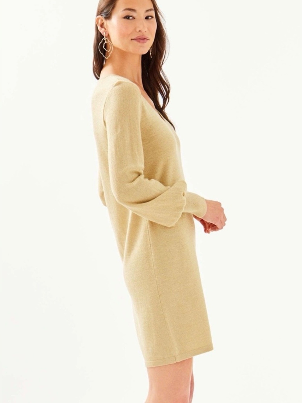 Lilly Pulitzer Sariya Long Sleeve V-Neck Sweater Dress Gold Small Classic Lux - Picture 3 of 4